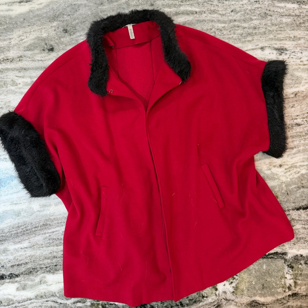 Halogen Red Cape Jacket with Black Fur Trim